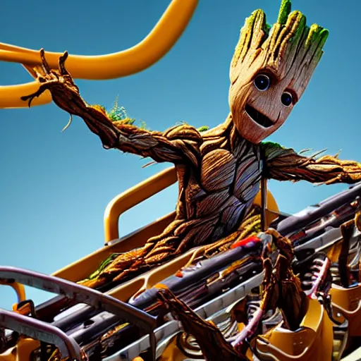 Prompt: groot on a roller coaster