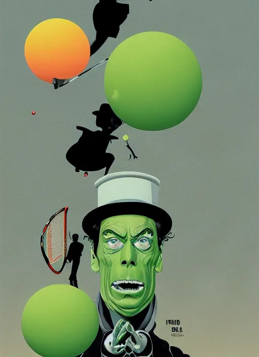 Image similar to tennis ball monsters, poster artwork by Michael Whelan and Tomer Hanuka, Karol Bak Major Buster Keaton , clean