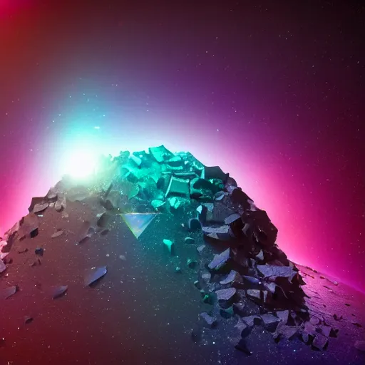 Prompt: crystal quartz fragments and diamond shards, dark side of the moon cover, centered in the middle of galactic space, radiating around prismatic colours of black hole singularity, hyper realistic focus, sharp details, cinema 4d octane, nasa images, volumetric lighting, cinematic lighting, houdini simulation, space nebula, 8k