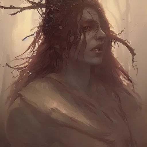 Prompt: a forest Witch in the style of Greg Rutkowski, realistic painting, Digital art, very detailed, High definition, trending on Artstation