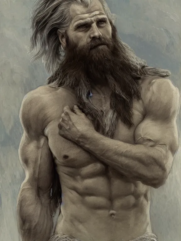 Image similar to painted portrait of rugged odin, god of war, norse god, white hair, masculine, mature, handsome, upper body, grey and silver, muscular, hairy torso, fantasy, intricate, muscular, elegant, highly detailed, digital painting, artstation, concept art, smooth, sharp focus, illustration, art by gaston bussiere and alphonse mucha