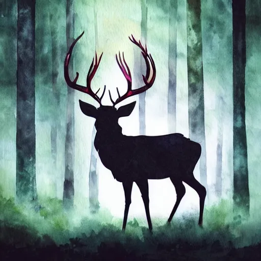 Prompt: a glowing stag inside a dark foggy forest, fantasy watercolor painting, cool colors, high contrast