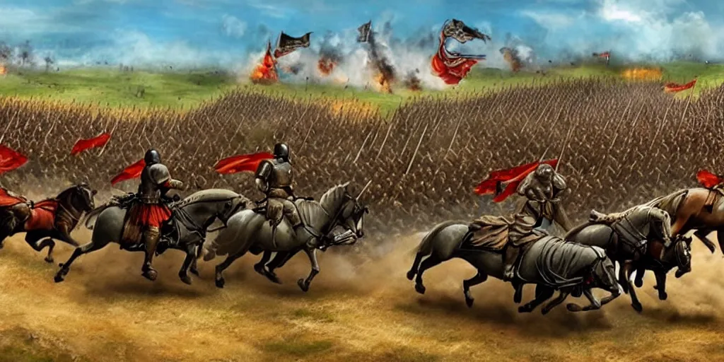 Prompt: medieval battlefield filled with cavalry fleeing from monster trucks!!!