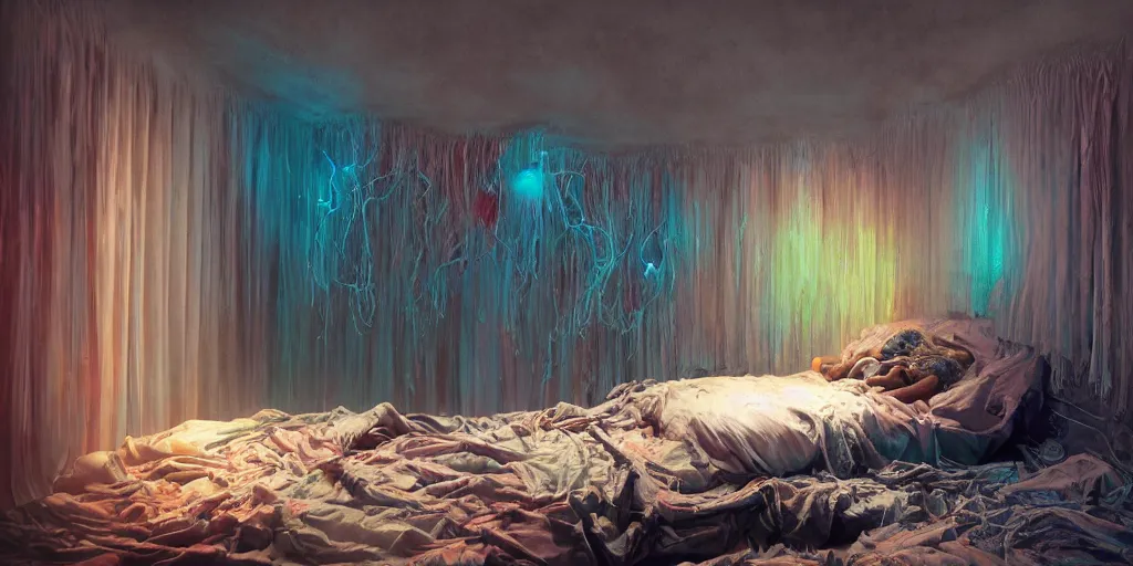 Image similar to rgb, glowing, depression!!!!!, maximalist bedroom, woman, cinematic, movie scene, inspired by zdzislaw beksinski, clothes made out of veins,, cables everywhere, bedroom, ultra realistic, concept art, intricate details, highly detailed, photorealistic, octane render, 8 k