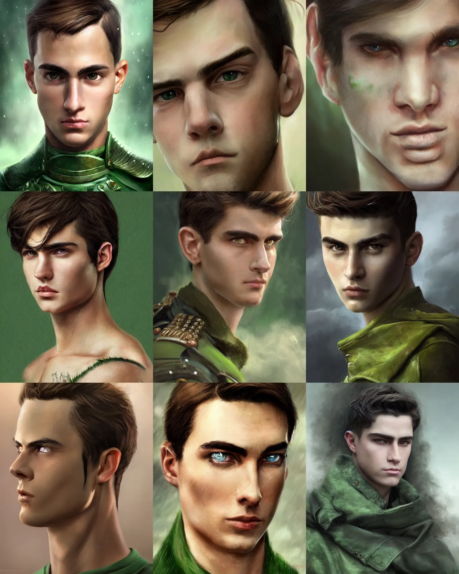 Prompt: closeup fantasy portrait of a clean shaven determined young man with swept back dark brown hair and green eyes, preparing for battle, highly detailed, intricate, elegant, hyperrealism, digital art by wlop and artgerm and greg rutkwowski, 8 k hd