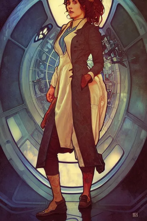 Image similar to doctor who, woman as a mad dentist in the tardis, art by artgerm and greg rutkowski and alphonse mucha