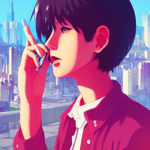 Image similar to portrait of A teenager smoking, city background, rich vivid colors, ambient lighting, dynamic lighting, 4k, HQ, official media, anime key visual, makoto shinkai, ilya kuvshinov, lois van baarle, rossdraws, detailed, trending on artstation