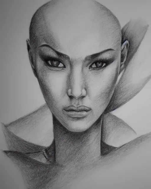 Image similar to A beautiful female warrior on a pirate ship at a deserted island, faded outline, realism pencil drawing on white paper, bald lines