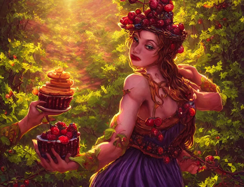 Prompt: berry priestess of the waffle mountains. oil painting by award - winning comic book artist, chiaroscuro, intricate details, bokeh, backlighting, field of depth, safe for work