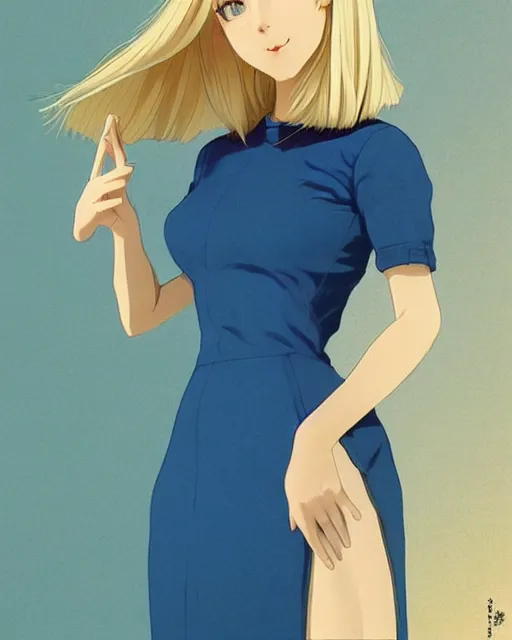 Image similar to infinitely detailed full - body portrait pale female beautiful blonde haired woman with sparkling blue eyes. wearing blue dress, beautiful! scenery art! by wlop & murata range, by ilya kuvshinov. artstation!! / pixiv!!