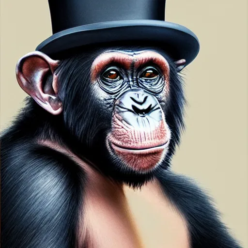 Image similar to a hyperrealistic portrait of a chimpanzee, with a top hat. photorealistic, highly detailed