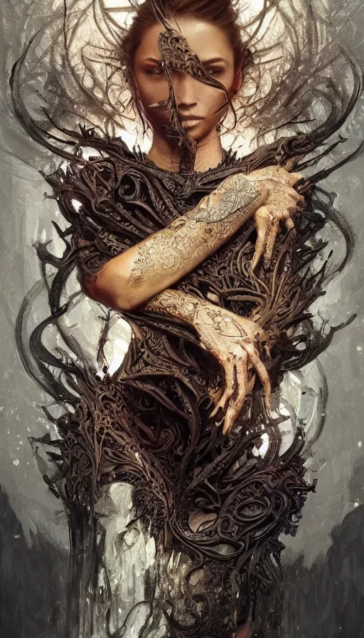 Image similar to broken life, fame of thrones, lord of daggers, neon, fibonacci, sweat drops, intricate fashion clothing, insane, intricate, highly detailed, surrealistic, digital painting, artstation, concept art, smooth, sharp focus, illustration, Unreal Engine 5, 8K, art by artgerm and greg rutkowski and alphonse mucha