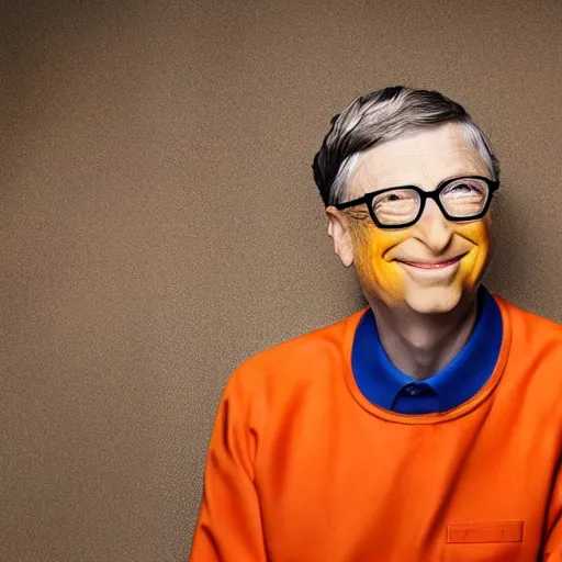 Image similar to UHD candid photo of Bill Gates dressed in orange jumpsuit, wearing extremely accurate clown makeup, accurate face, UHD, photorealistic, correct face, photo by Annie Leibowitz