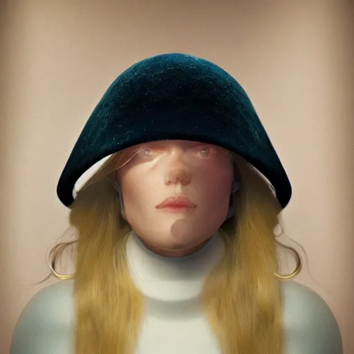 Prompt: a portrait of a beautiful woman standing by a space ship by tim walker, long hair, aged 2 5, swedish, wearing a travel hat, photo realistic, real life, photograph, 3 5 mm, octane render, trending on artstation