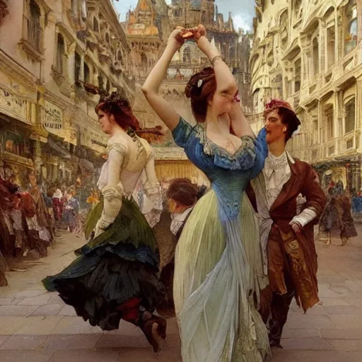 Image similar to a beautifull intricate watercolour painting of a dancing balerinas in the victorian street, reflexions, verry high details by william turner art, greg rutkowski and alphonse mucha, trending on artstation, very very detailed, masterpiece, muted colors