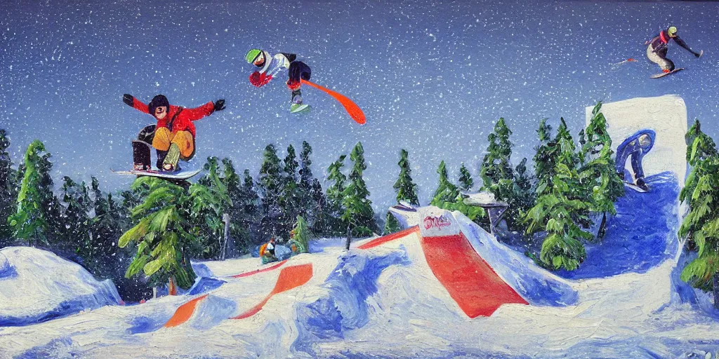 Image similar to pepe the frog snowboarding in terrain park, ramps, half - pipe, gloomy landscape, expressive oil painting by christopher radlund and camille pissaro