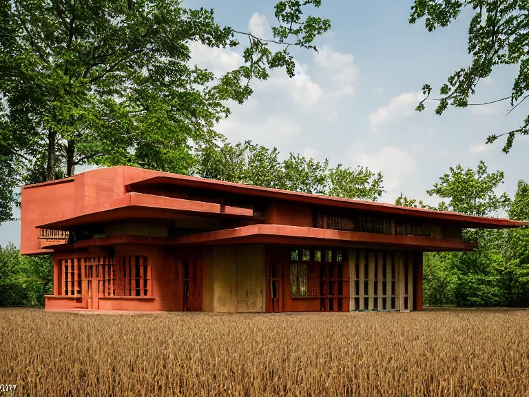 Image similar to hyperrealism design by frank lloyd wright and kenzo tange photography from 5 point of perspective of beautiful detailed small solarpunk house with many details in small detailed ukrainian village designed by taras shevchenko and wes anderson and caravaggio, wheat field behind the house, around the forest volumetric natural light