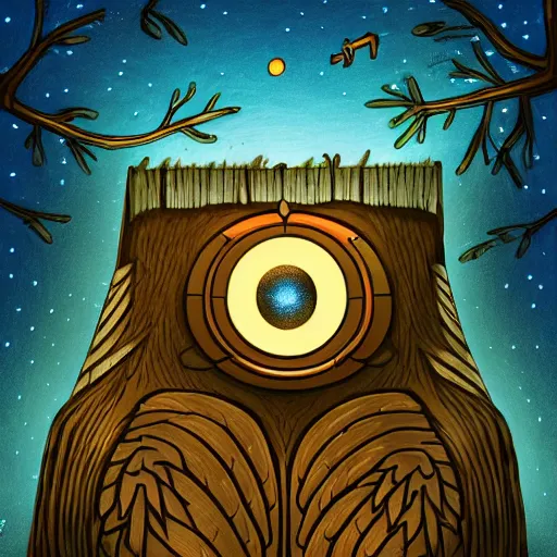 Image similar to mechanical owl inside a hole in a tree, red eyes glowing, night sky with full of stars, in the middle of forest, illustration, 2 d style, hand drawn, realistic style, futuristic, cinematic lighting, high key lighting, high contrast, golden ratio