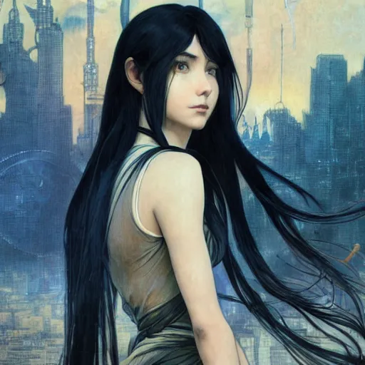 Image similar to portrait of a woman, long black hair, in front of a sci fi cityscape, by tetsuya nomura and annie swynnerton, makoto shinkai, alphonse mucha, detailed, cinematic, wide angle, dark sepia toned shading, luminescent eyes, detailed face, expressive eyes, blue fire everywhere, trending on artstation.