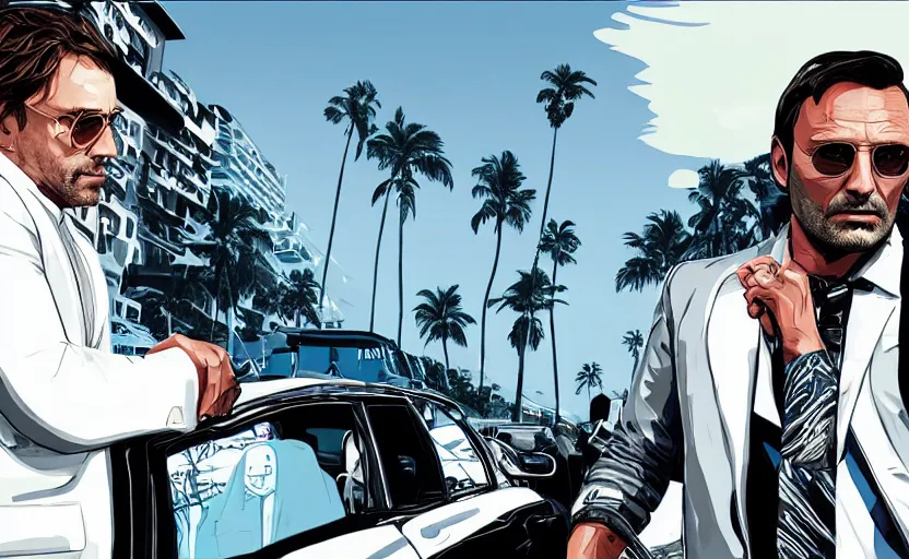 Prompt: mads mikkelsenin in a grand theft auto loading screen, gta art style, illustration, beach, white suit, Miami, vice city