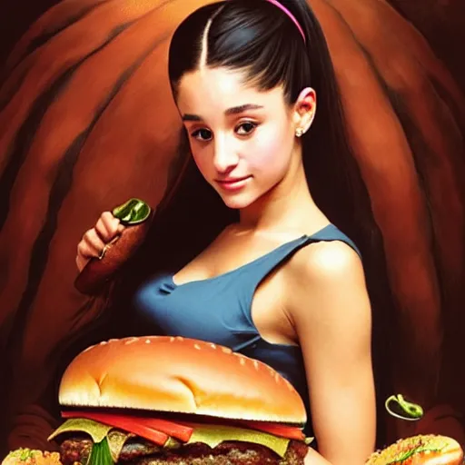 Image similar to portrait of Ariana Grande eating a giant hamburger , extra onions and ketchup, luscious patty with sesame seeds, feminine ethereal, handsome, D&D, fantasy, intricate, elegant, highly detailed, digital painting, artstation, concept art, matte, sharp focus, illustration, art by Artgerm and Greg Rutkowski and Alphonse Mucha