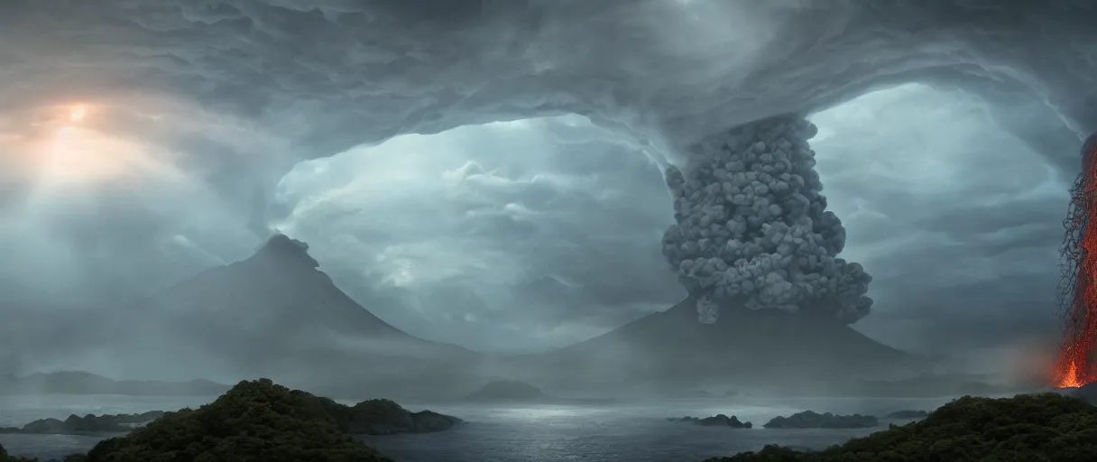 Prompt: a giant octopus god floating over a rain forest, lightning and sun rays, ambient light, a volcano erupts, still from the movie the arrival, 8k