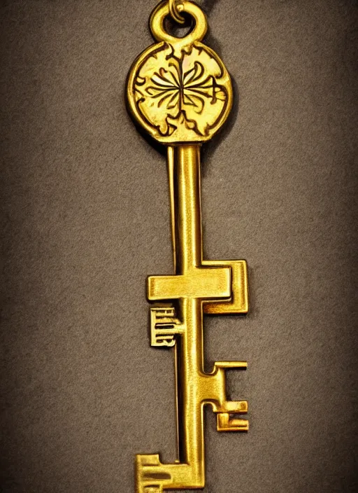 Image similar to small golden key, fantasy illustration, medieval era, blank background, studio lighting, hand - drawn digital art, 4 k, trending on artstation, symmetry