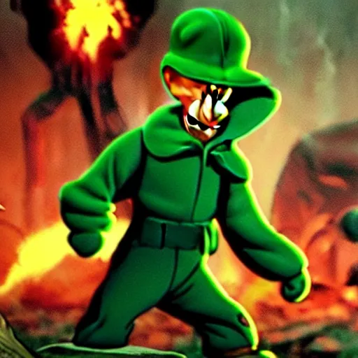 Image similar to Elmer Fudd from Loony Tunes in Doom, wearing green armor and helmet, killing demons, rip and tear, video game