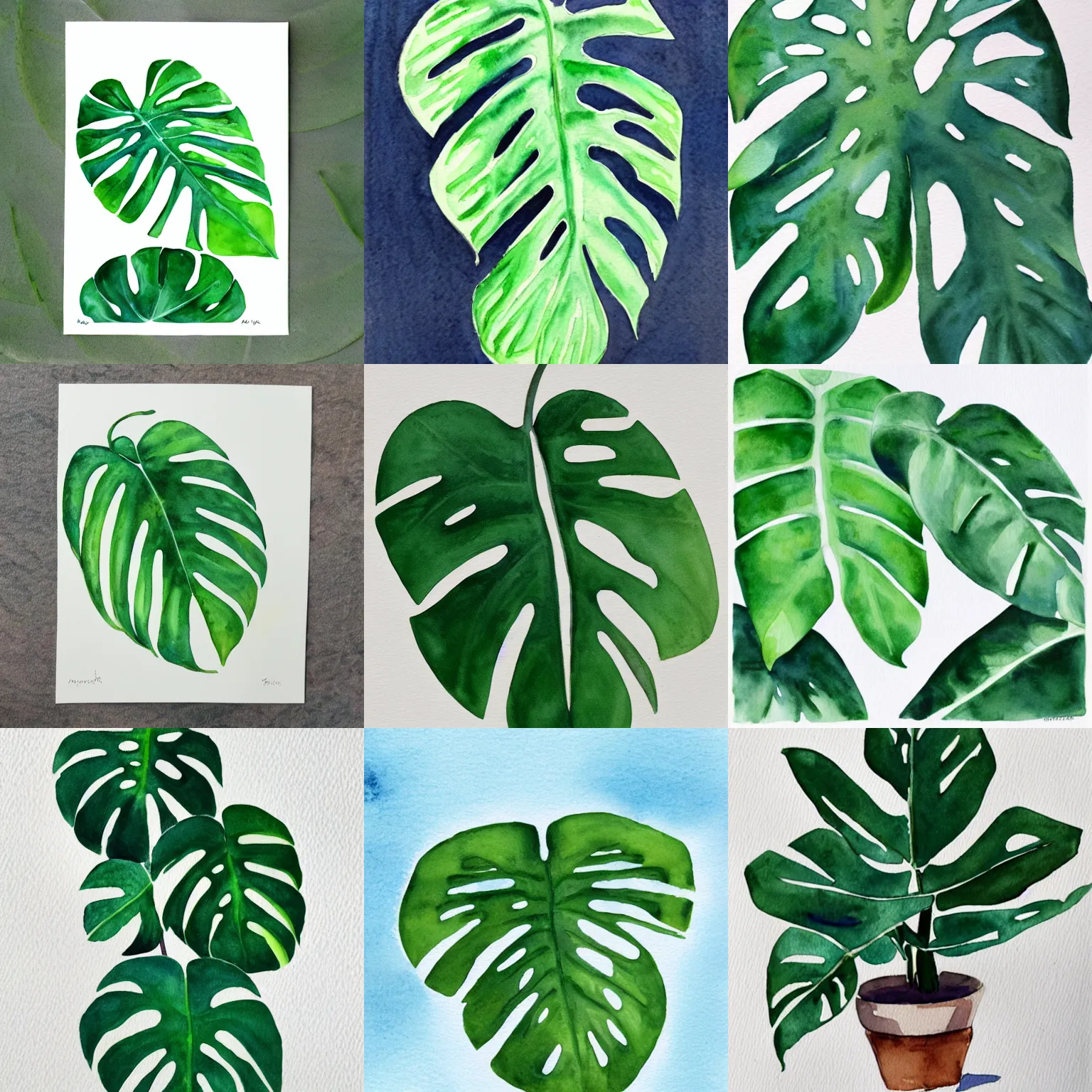 Prompt: simple watercolor painting of monstera adsonii