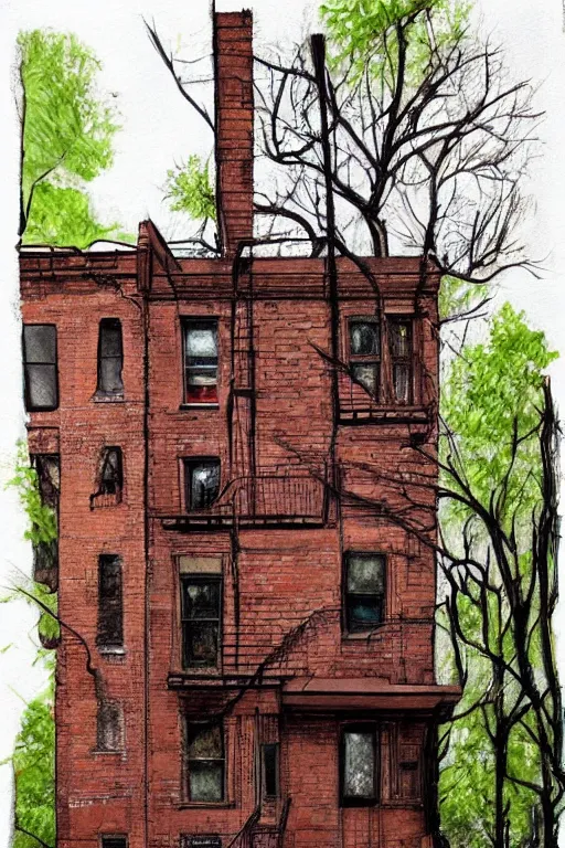 Image similar to (((((a ramshackle Manhattan brick brownstone deep in the forest))))) by Mark Makovey!!!!!!!!!!!!!!!!!!!!!!!!!!!