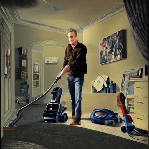 Image similar to Jordan Peterson cleans his room with a vacuum, motivational poster, inspirational art, high detail, realistic, mid shot, open