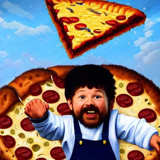 Image similar to highly detailed oil painting by caravaggio in the minecraft universe of a happy little boy flying through space eating pizza and cheese, where the planets are candy, hd, trending on artstation