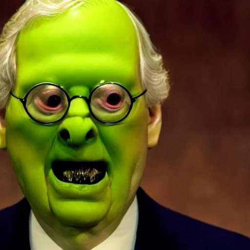 Prompt: the melting slimy face of villain mitch mcconnell flesh monster. horror film production photograph.