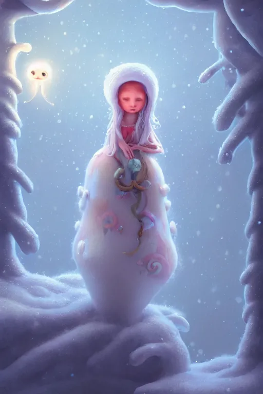 Image similar to a surreal Bioluminescent, very very very cute Winter Maiden in a happy world by Daniel Merriam, Trending on Artstation, oil on Canvas by Elena Zhurikhina and Goro Fujita and Charlie Bowater, octane render, 4k, 8k, HD