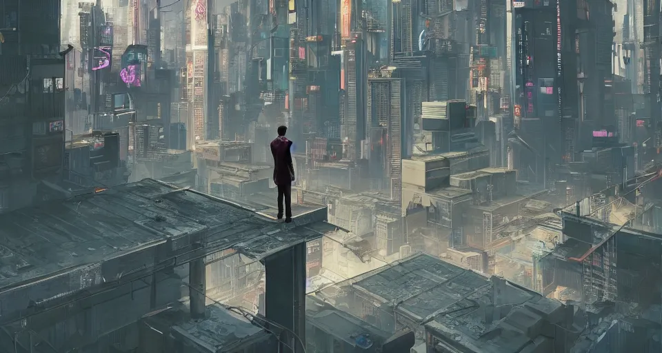 Image similar to a lone detective stands on a rooftop of a cyberpunk city