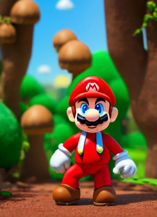 Image similar to super mario as nendoroid, jumping in mushroom kingdom in the croods movie style, anime, disney, pixar, 8 k, hd, dof, kodak film, volumetric lighting, subsurface scattering, photorealistic, octane render, details