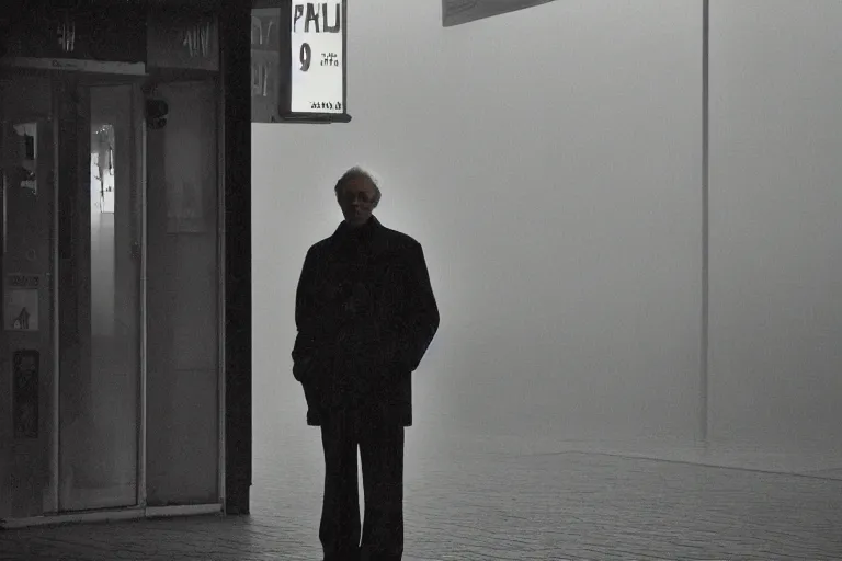 Prompt: an ultra realistic colour cinematic headshot portrait of an evil scientist, stood outside a corner shop, foggy, colour, detailed, deep focus, movie still, dramatic lighting, by fay godwin