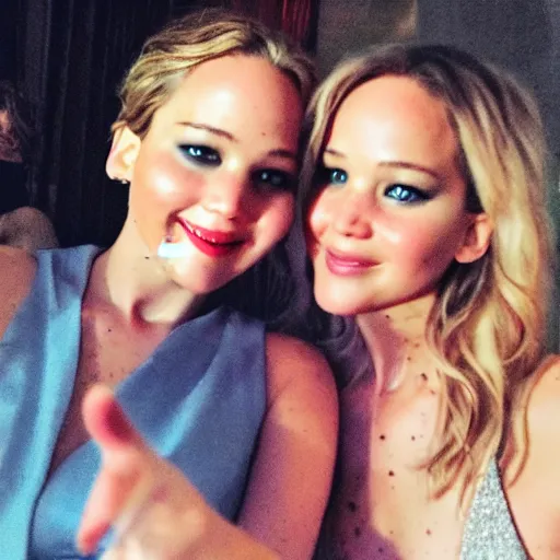 Prompt: Selfie photograph of Jennifer Lawrence and Jennifer Lawrence, golden hour, 8k,