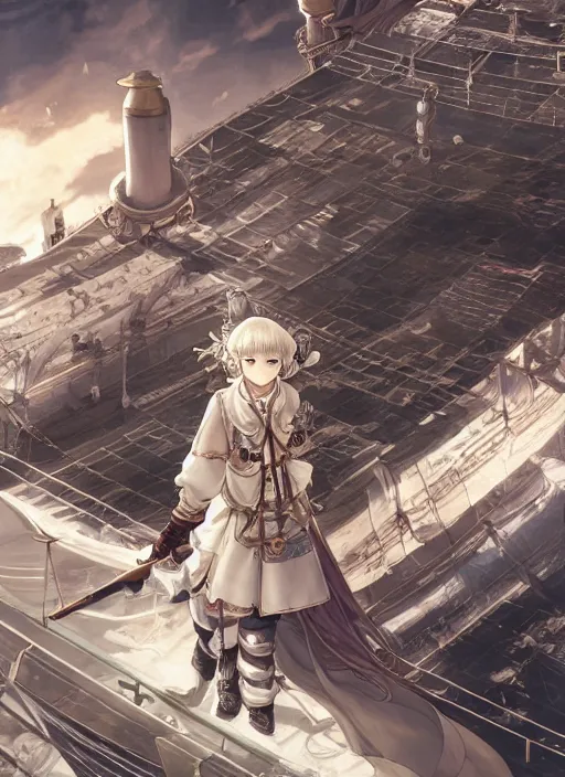 Image similar to character portrait of the white herald on the deck of an imperial airship in the sky, hidari, color page, tankoban, 4K, tone mapping, Akihiko Yoshida.