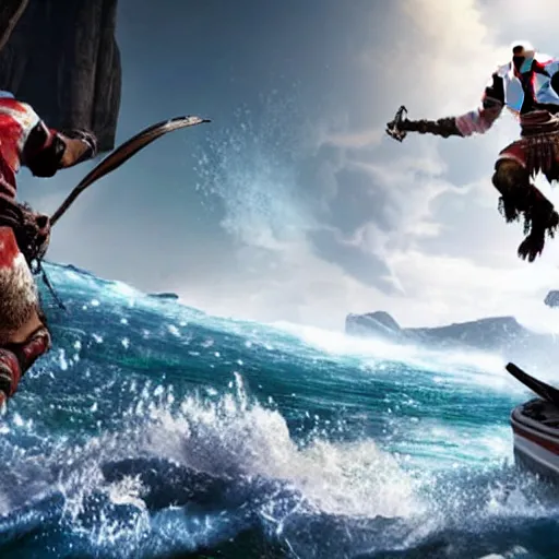 Image similar to screenshot of the game God of War with Kratos jumping waves on a jetski | Sony Pictures official media