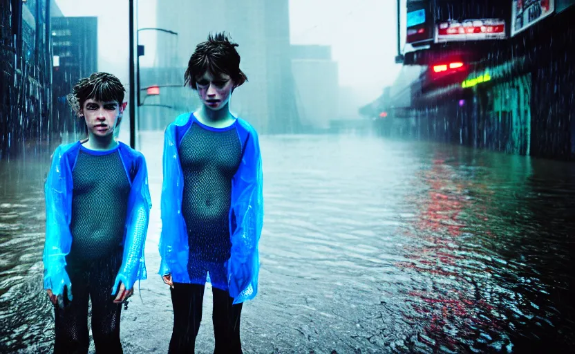 Image similar to cinestill 5 0 d candid photographic portrait by helen levitt of two cyborg kids wearing rugged neon blue mesh techwear in treacherous waters, extreme closeup, modern cyberpunk moody depressing cinematic, pouring rain, dystopian atmosphere, 8 k, hd, high resolution, 3 5 mm, f / 3 2, ultra realistic faces, ex machina