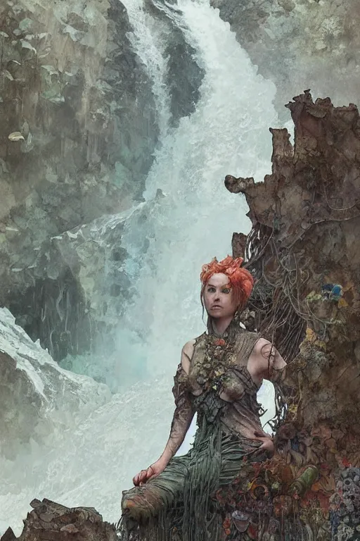 Image similar to a full body portrait of a beautiful post apocalyptic offworld neoicelandic biofarmer swimming by the waterfalls, intricate, elegant, highly detailed, digital painting, artstation, concept art, smooth, sharp focus, illustration, art by krenz cushart and artem demura and alphonse mucha