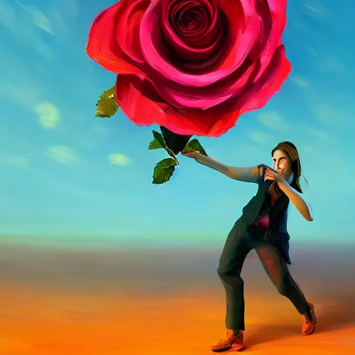 Image similar to portrait, giant rose flower head, girl dancing in a suit, surreal photography, sunrise, blue sky, dramatic light, impressionist painting, digital painting, artstation, simon stalenhag