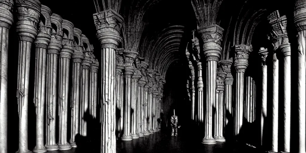 Image similar to durin's bane in the great hall of moria, columns along both sides of the great hall, style of h. r. giger, dark, cinematic