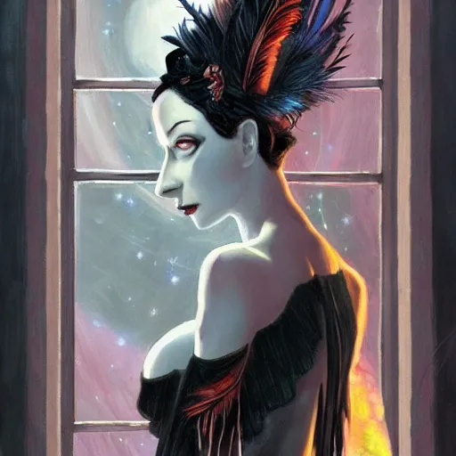 Image similar to Anna pavlova as beautiful dark angel gothic atompunk evil Disney villain queen with black feather hair, feathers growing out of skin, in front of space station window, highly detailed, dreamy, oil painting, Mike mignola, trending on artstation, comic book cover, illustration