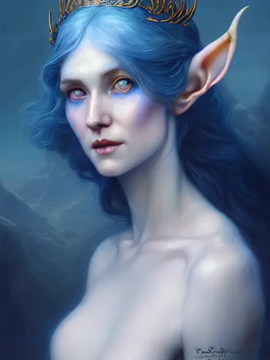 Image similar to the elven queen with blue skin by james jean, charlie bowater, tom bagshaw, nikolay makovsky : : enchanting, ethereal, magical, portrait, character design, illustration, hyperrealism, photorealism, digital art, concept art, fantasy, whimsy, weta, wlop, artstation