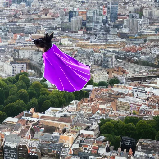 Prompt: a zwerg schnauzer flies over the city in a super cape