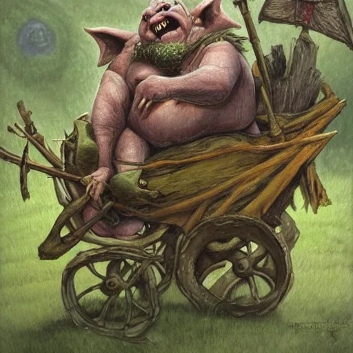 Image similar to painting of fat goblin riding down a hill in a rickety wooden cart holding a lance, fantasy art, magic : the gathering art, by diterlizzi