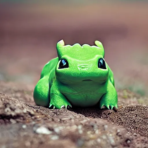 Image similar to national geographic professional photo of bulbasaur, award winning