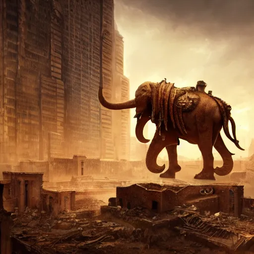 Image similar to golden mammoth in a ruined city, artstation, cgsociety, cgi, digital art, realistic, awards winning, dramatic, cinematic, artistic, famous, detailed